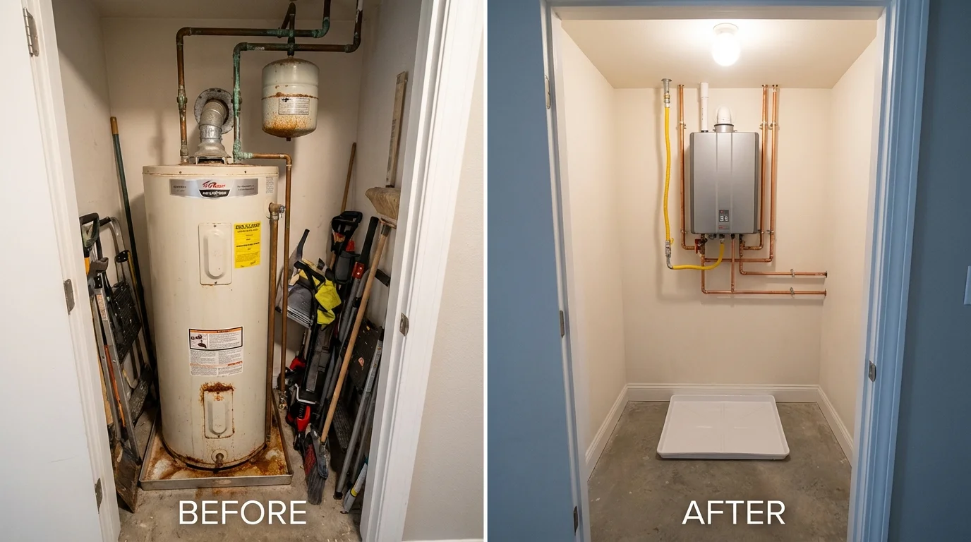 Tank water heater versus wall-mounted tankless unit comparison for Pleasanton, KS homeowners