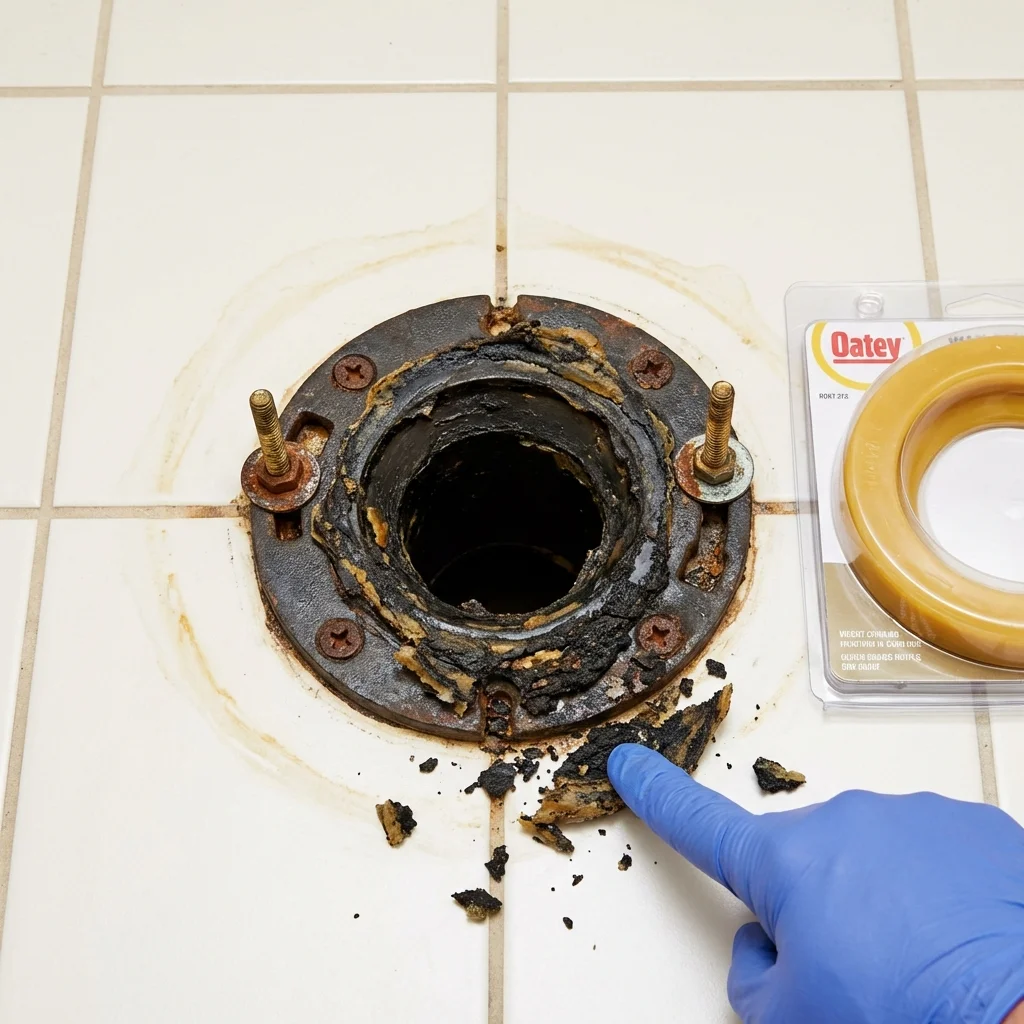 Failed wax ring showing water seepage at the base of a toilet in a Pleasanton, KS home