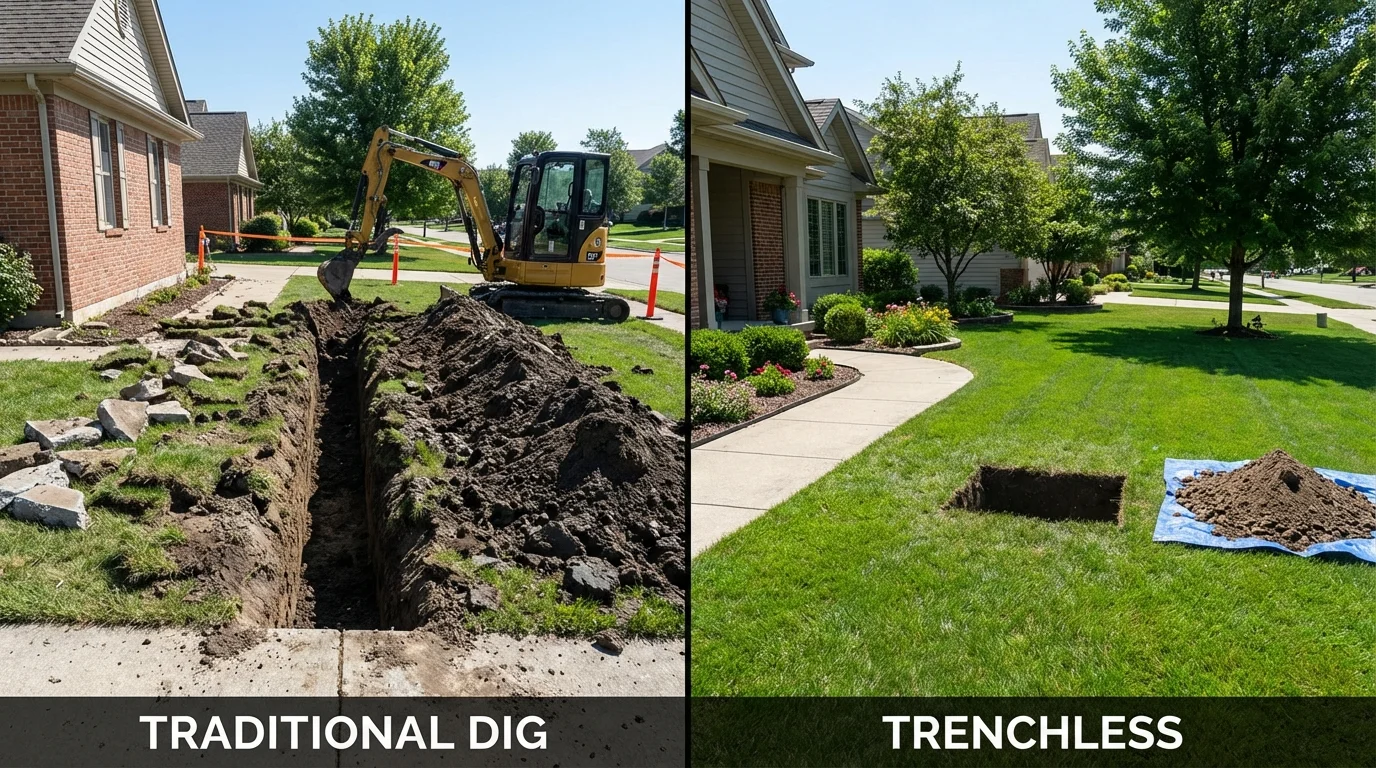 Trenchless sewer repair with minimal yard damage versus traditional excavation in Pleasanton, KS