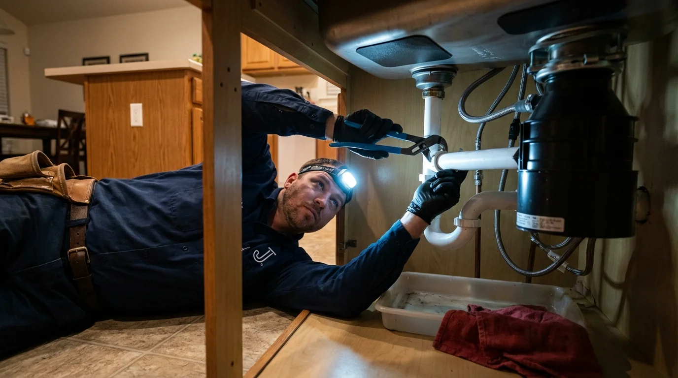 P-trap and supply line connections under a kitchen sink showing a common leak point in Pleasanton, KS